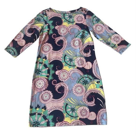 Talbots Spiral Paisley blue jersey knit stretch 3/4 sleeve Knee Length dress - Picture 3 of 10